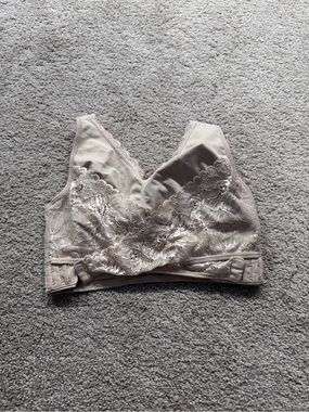 Cara Mia Full Figure Lace Trim Wireless Bra Beige Plus Size 1X Removable Padding